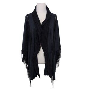 Chicos Faux Suede Cardigan Womens One Size Blue Knit Fringe Wrap Shawl Boho Chic